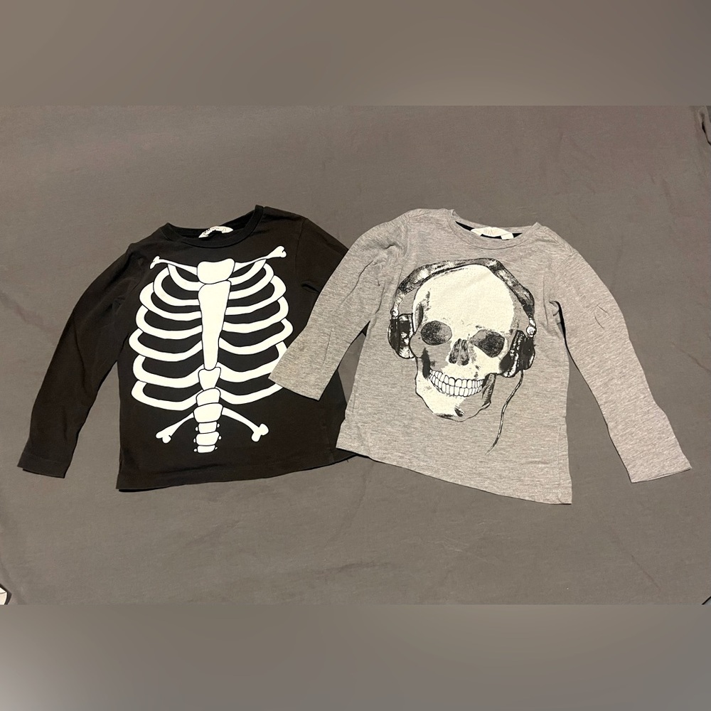 H&M Toddler Skull Skeleton Long Sleeve Tees - Sz 2-4Y - Gray Black